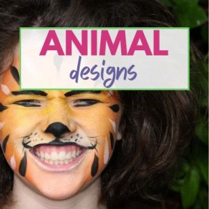 a female with her face painted as a tiger. An overlay reads, "Animal Designs"