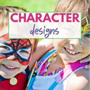 two children with their faces painted like spiderman and a princess. An overlay reads, "Character Designs"