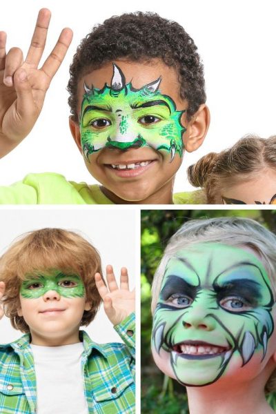 collage image featuring three children with their faces painted like dinosaurs