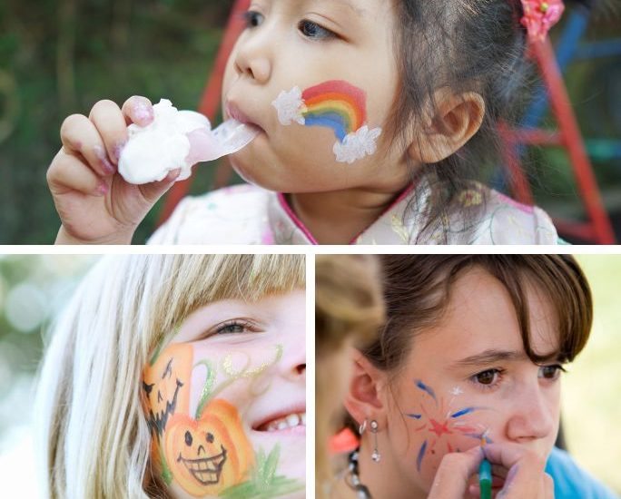 collage image of three children with face paint designs on their cheeks