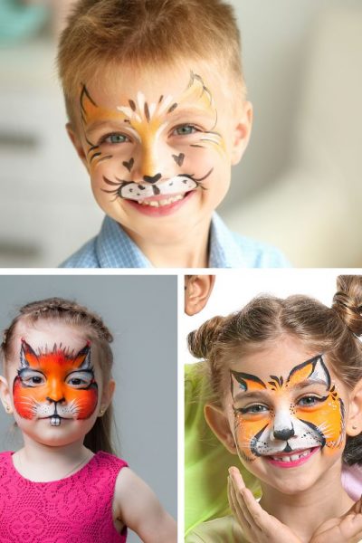 collage image of three photographs of children whose faces are painted like foxes