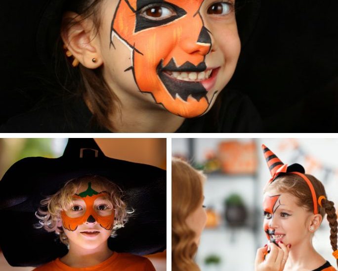 collage image of three photos showing pumpkin face painting ideas, each with a different design