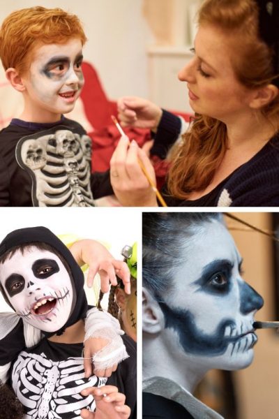 collage image featuring three photos of people with skeleton face paint designs