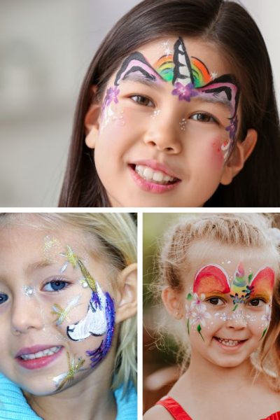 collage image featuring three photos of children with unicorn face paint designs