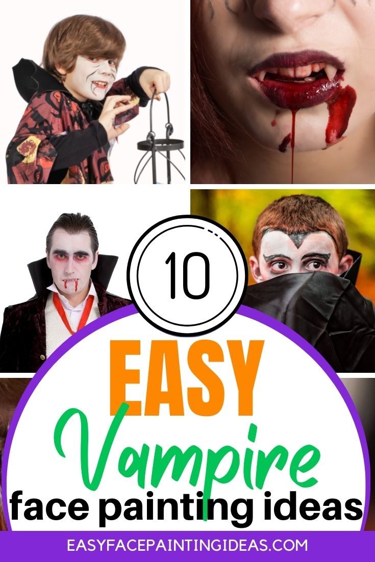 collage of four different vampire face painting designs on adults and children
