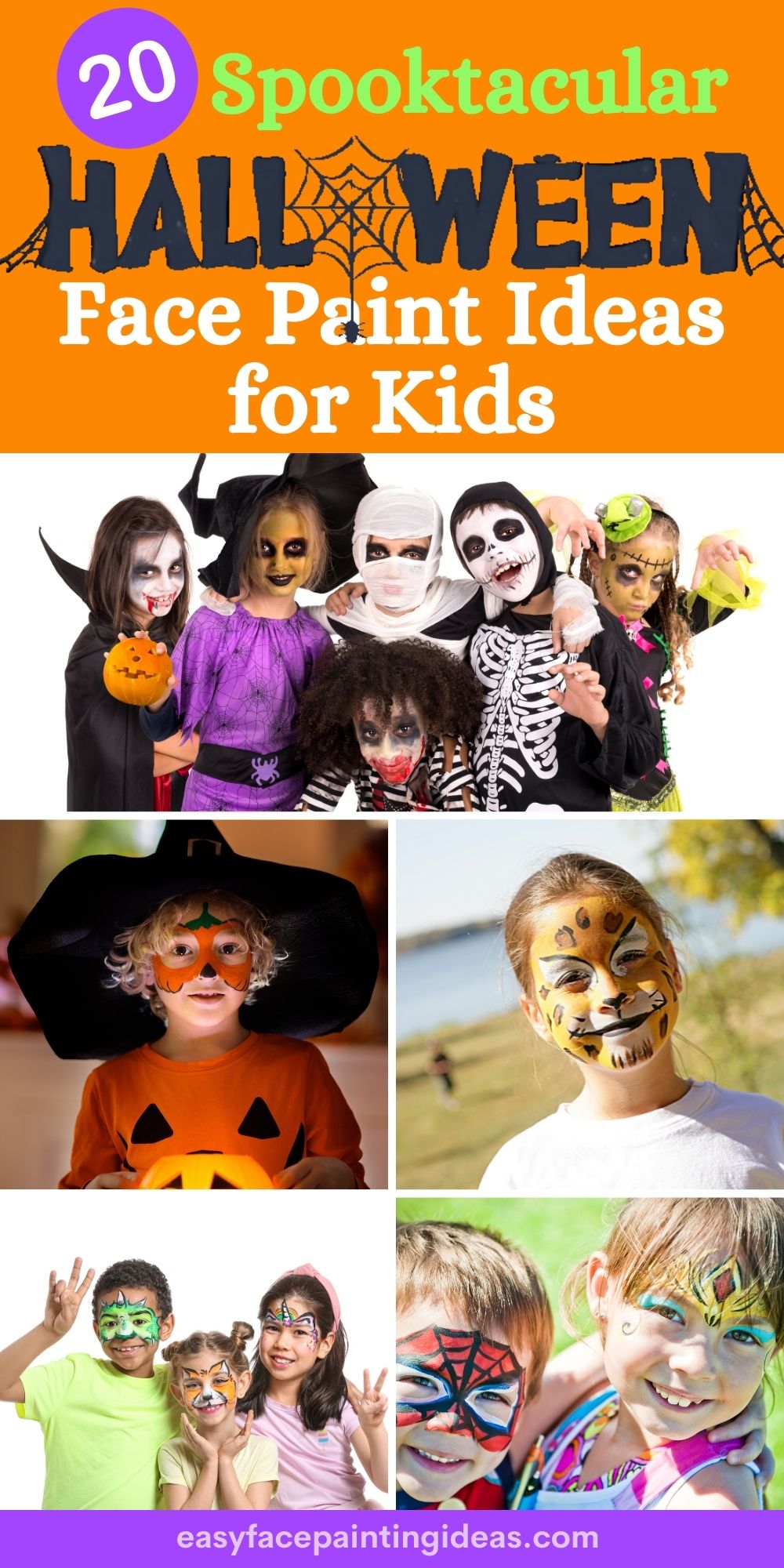 collage of images showing various halloween face paint ideas for kids, including pumpkin, vampire, witch, mummy, skeleton, zombie, clown, tiger, dinosaur, unicorn, spiderman, and princess. 