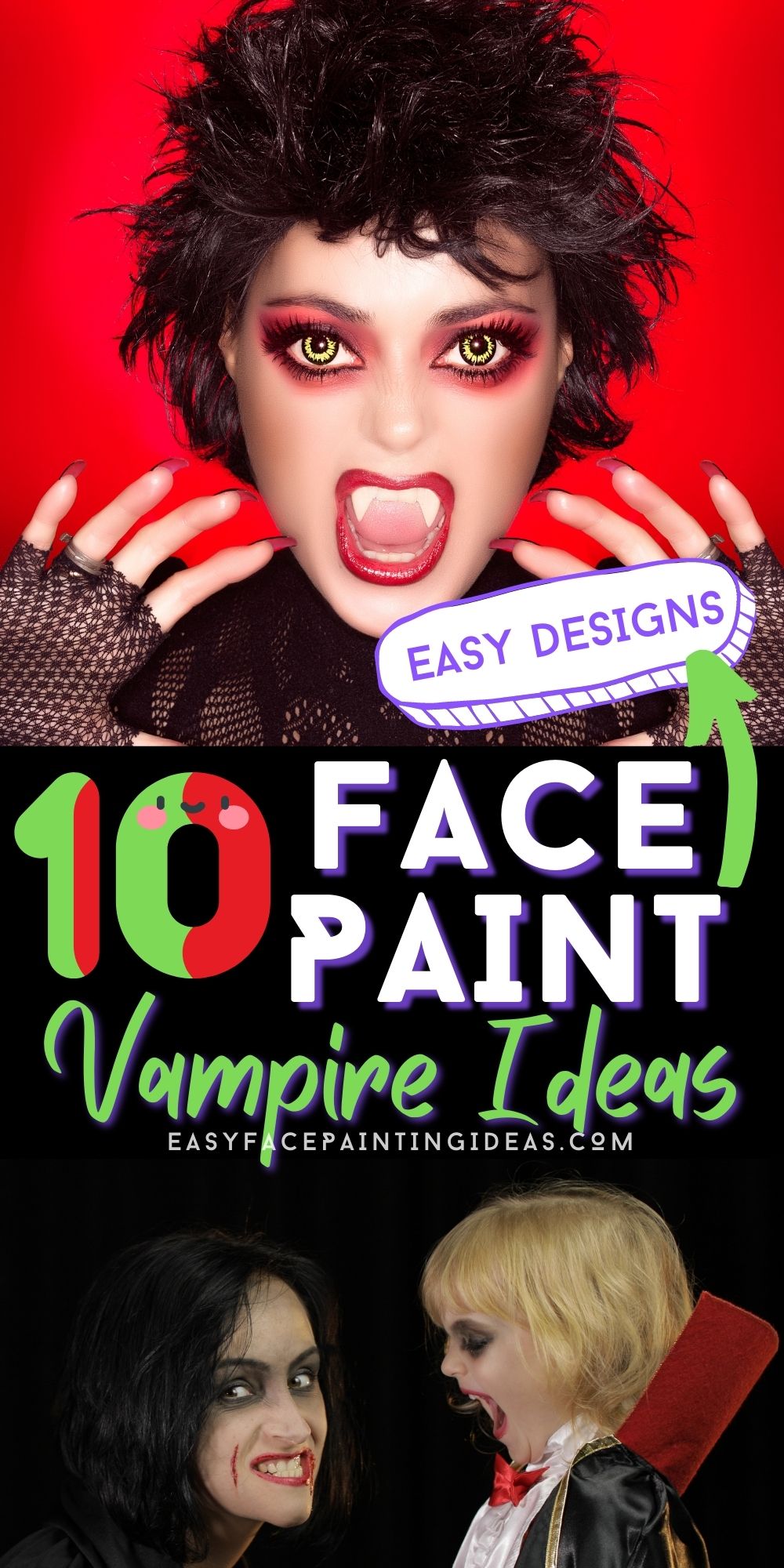 collage with two photos of people whose faces are painted like vampires. An overlay reads, "10 Face Paint Vampire Ideas: Easy Designs"