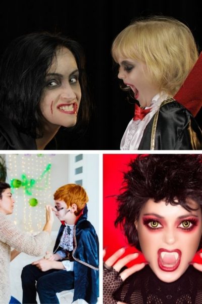 three photos of people with vampire face paint