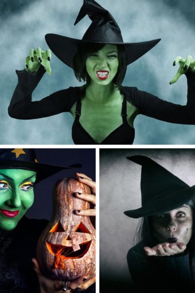 collage of three photos, each featuring a different witch face painting idea
