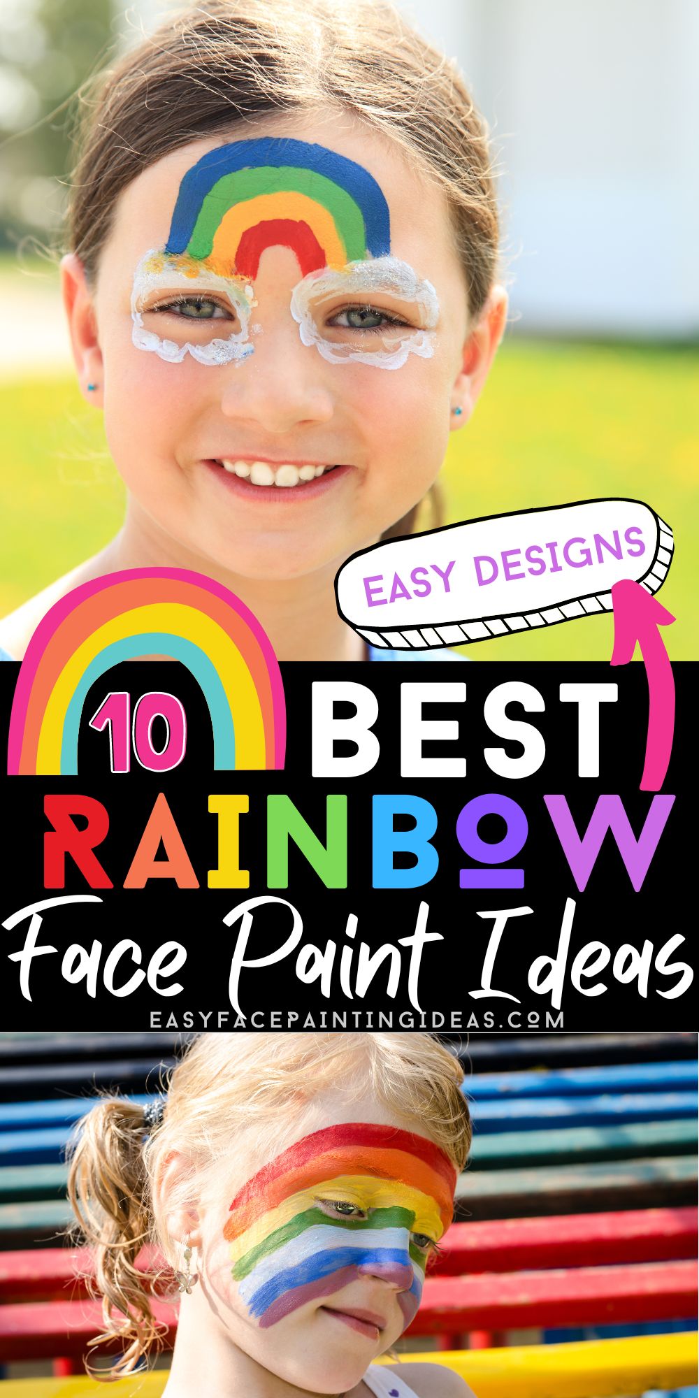 collage of two photos showing rainbow face painting ideas.