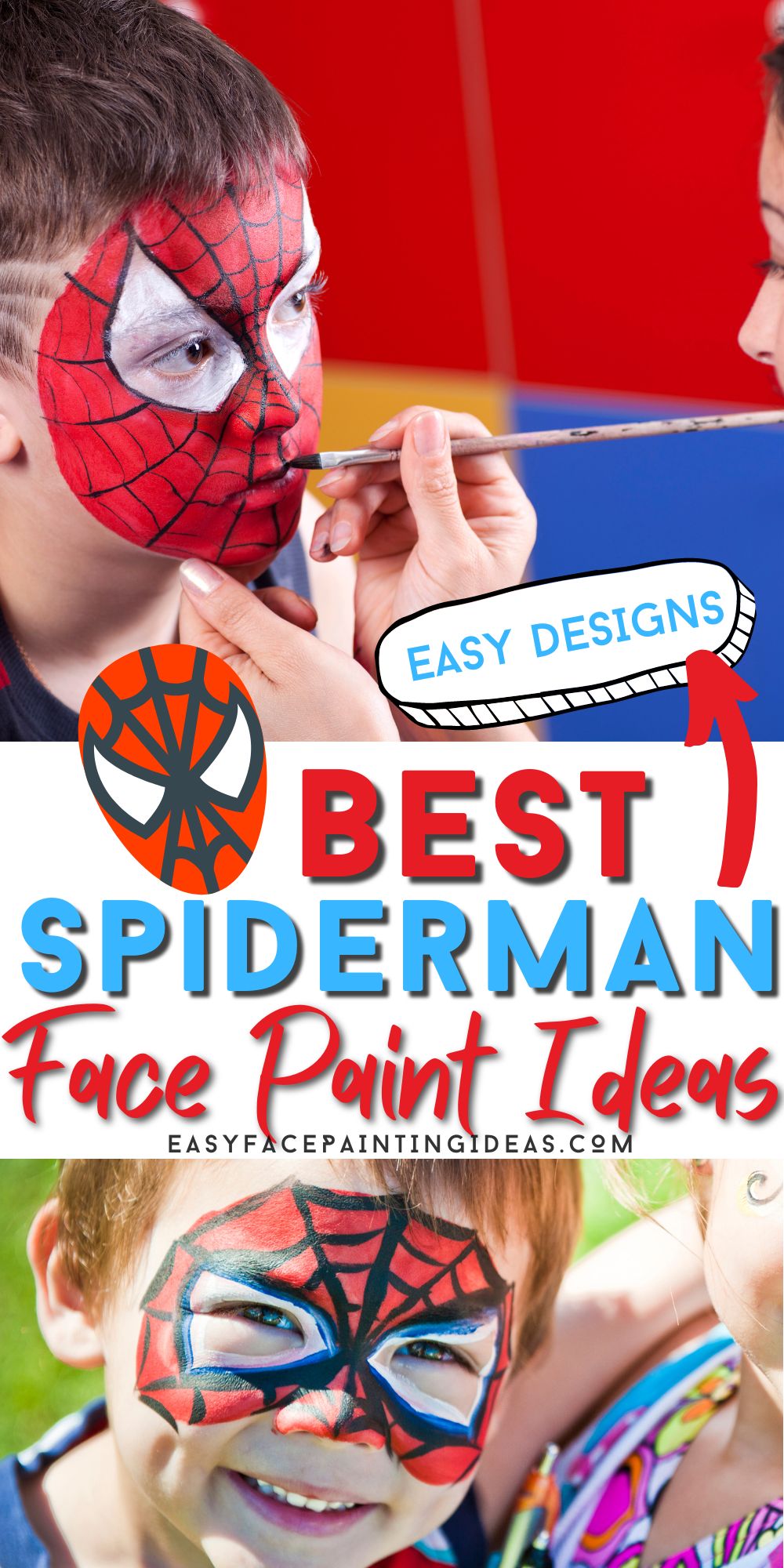 collage image of two boys who are wearing Spiderman face paintings. An overlay reads, "Best Spiderman Face Paint Ideas"