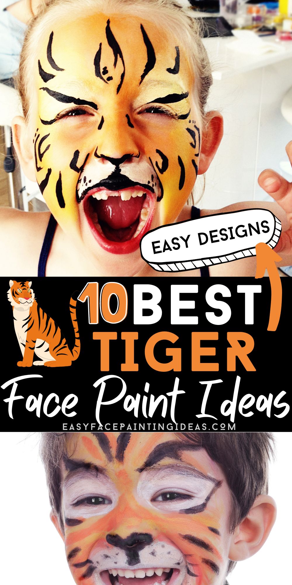 two children wearing tiger face paint. An overlay reads, "10 best tiger face paint ideas"