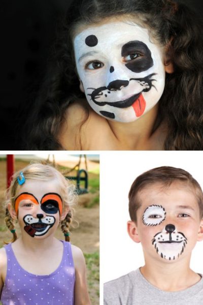 collage of three photos featuring dog face painting designs