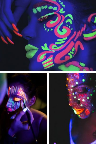 collage image featuring three photos of glow in the dark face paint designs