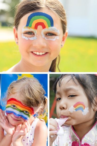 collage showing three photos of girls with rainbow face paint designs on their face