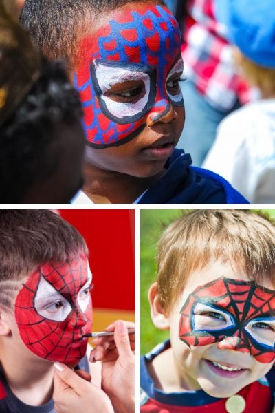 collage of three photos featuring boys whose faces are painted like Spiderman