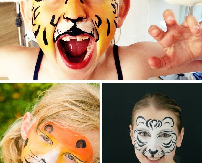 collage image featuring three photos of people wearing tiger face paint designs
