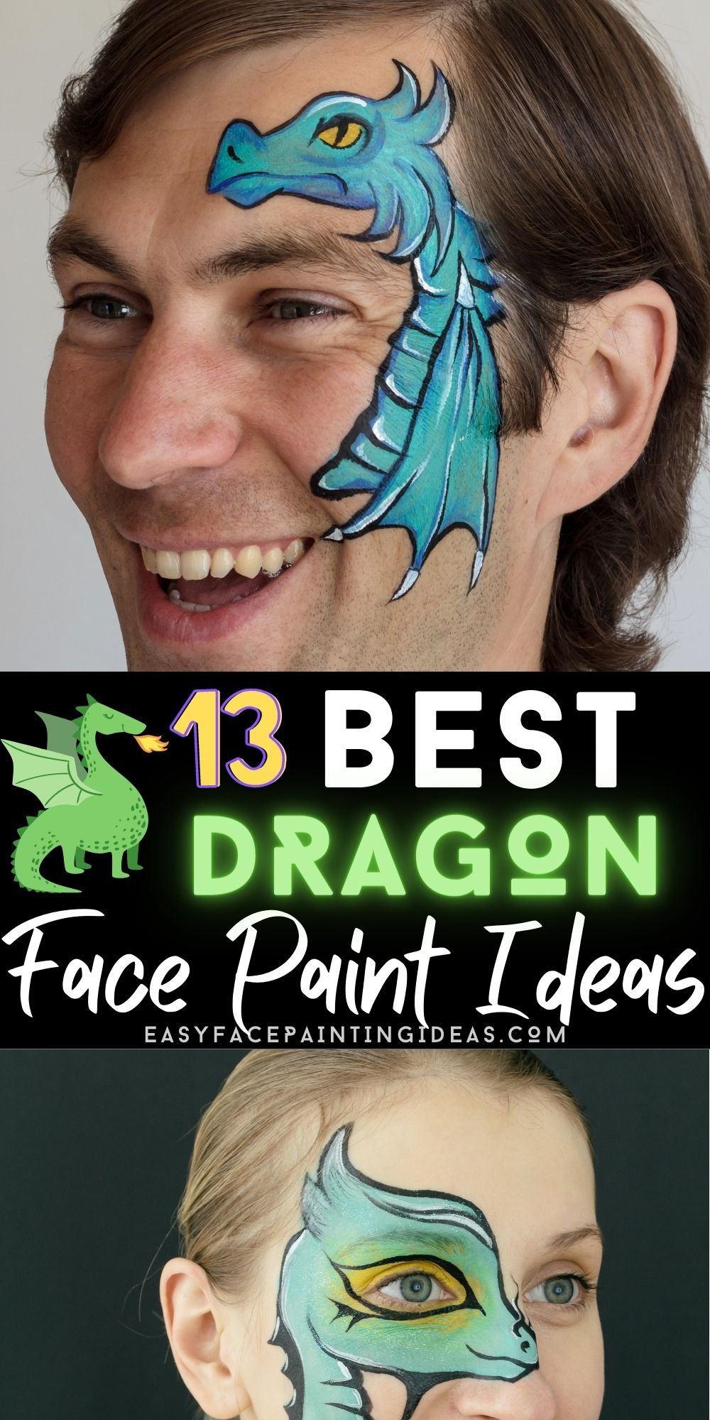 two photos featuring dragon face paint designs