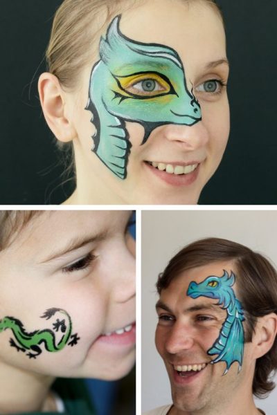 three photos showing people wearing dragon face paint designs