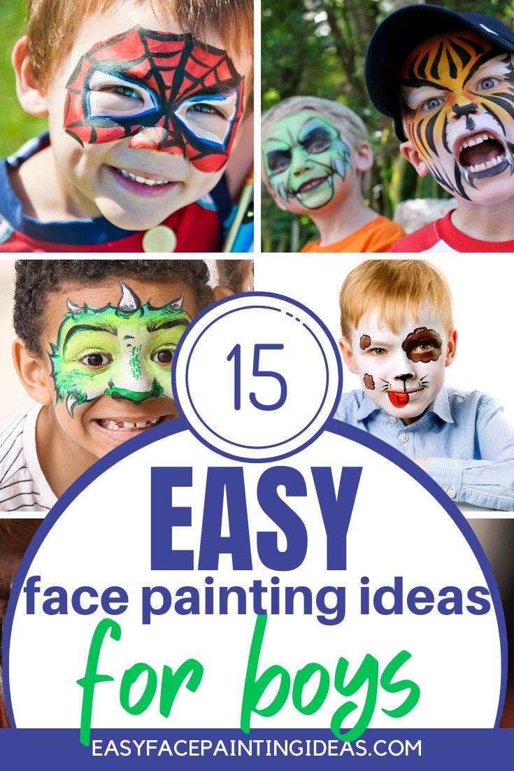 collage featuring four photos of face painting ideas for boys, including spiderman, hulk, tiger, dragon, and dog