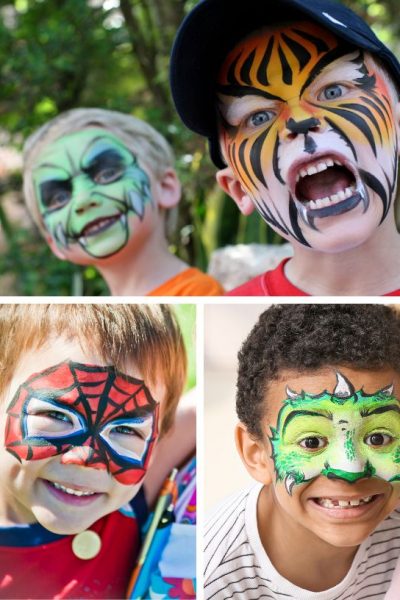 collage of three photos showing boys with their faces painted