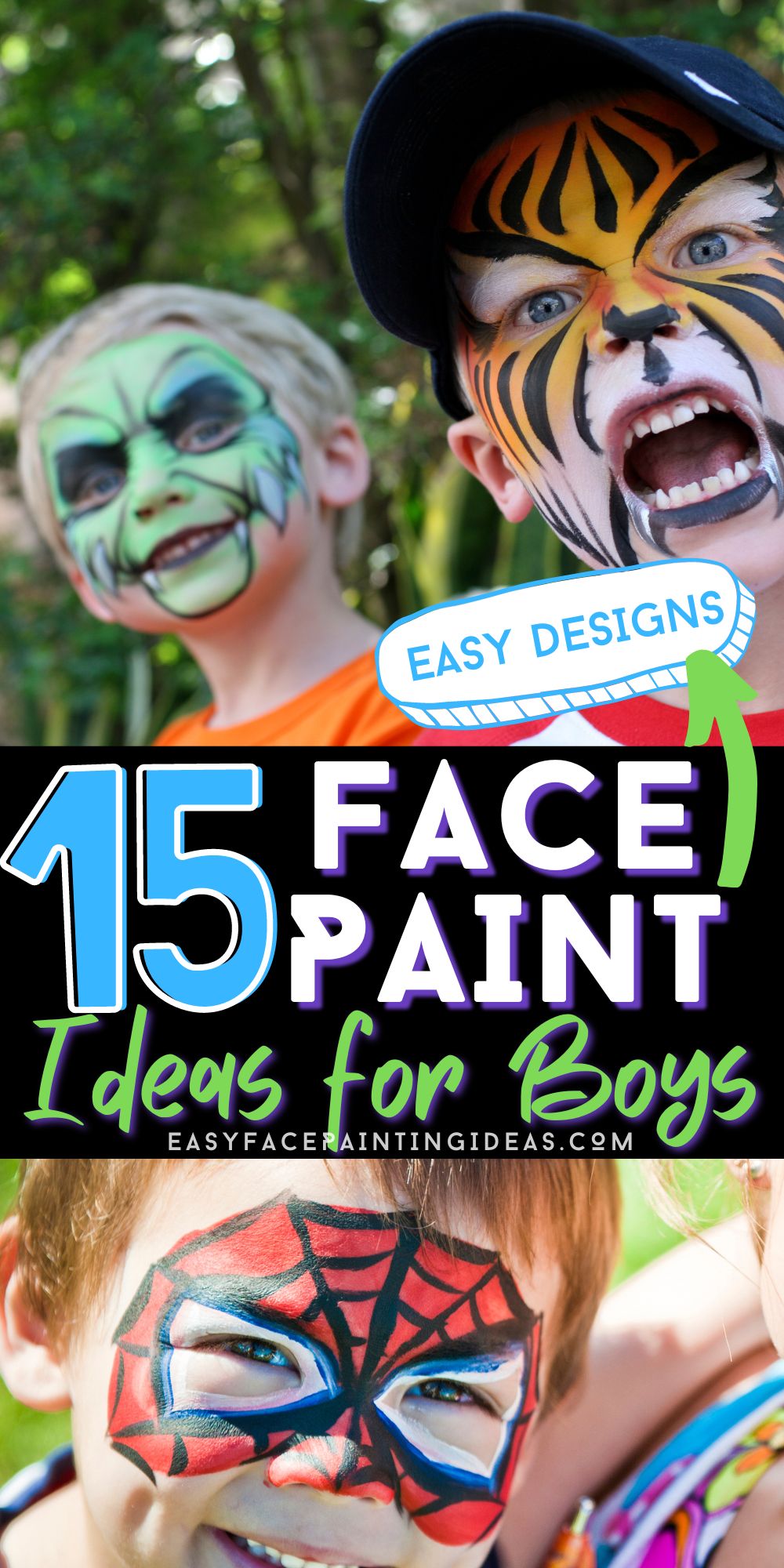 two photos featuring face paint designs for boys