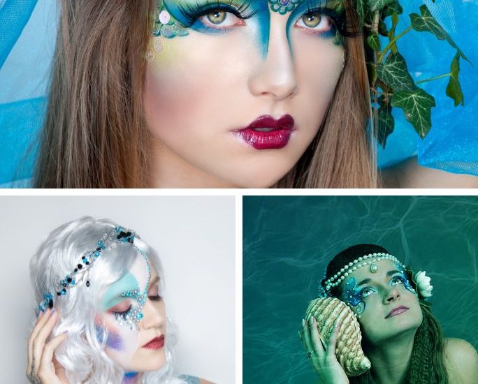 collage with three photos showing femals whose faces are painted like mermaids